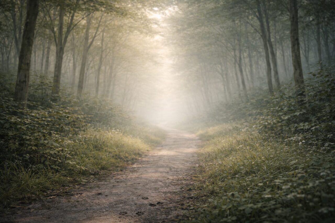 霧の森の小道に小さな猫の足跡が残る幻想的な風景