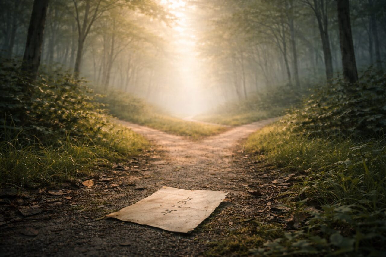 森の分かれ道に落ちた紙と光の道。『夏目友人帳』の物語構造と出会い・別れを象徴するイメージ