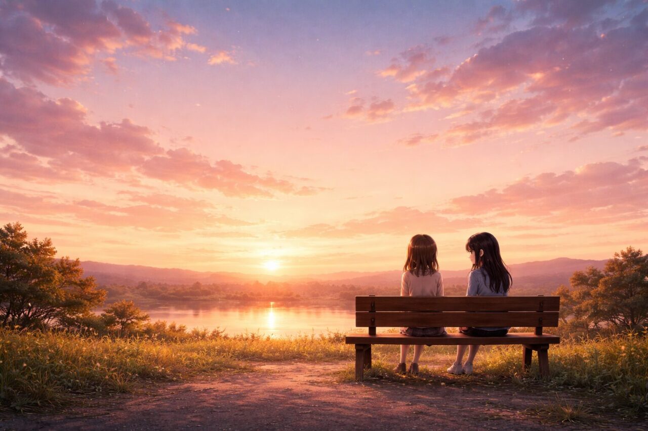 夕焼けの湖畔でベンチに座り、静かに語り合う二人の少女のアニメ風の風景
