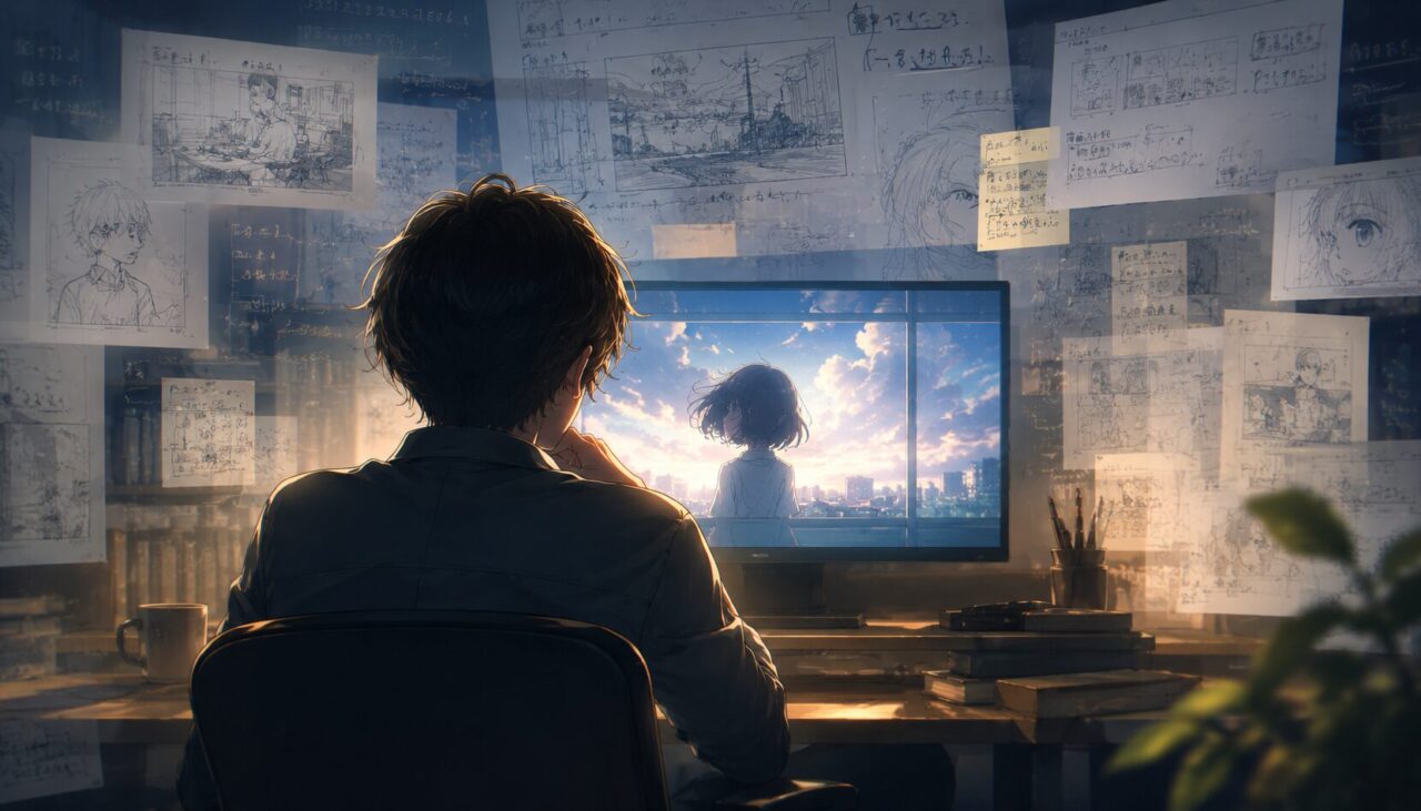 アニメ作品の画面と絵コンテを見比べながら制作背景を考える視聴風景