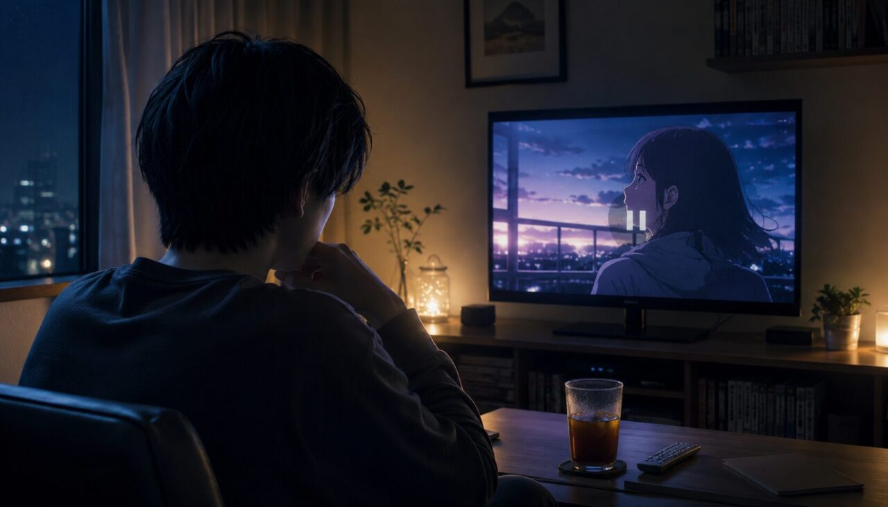 夜の部屋でアニメを途中停止し、余韻の中で画面を見つめる視聴風景