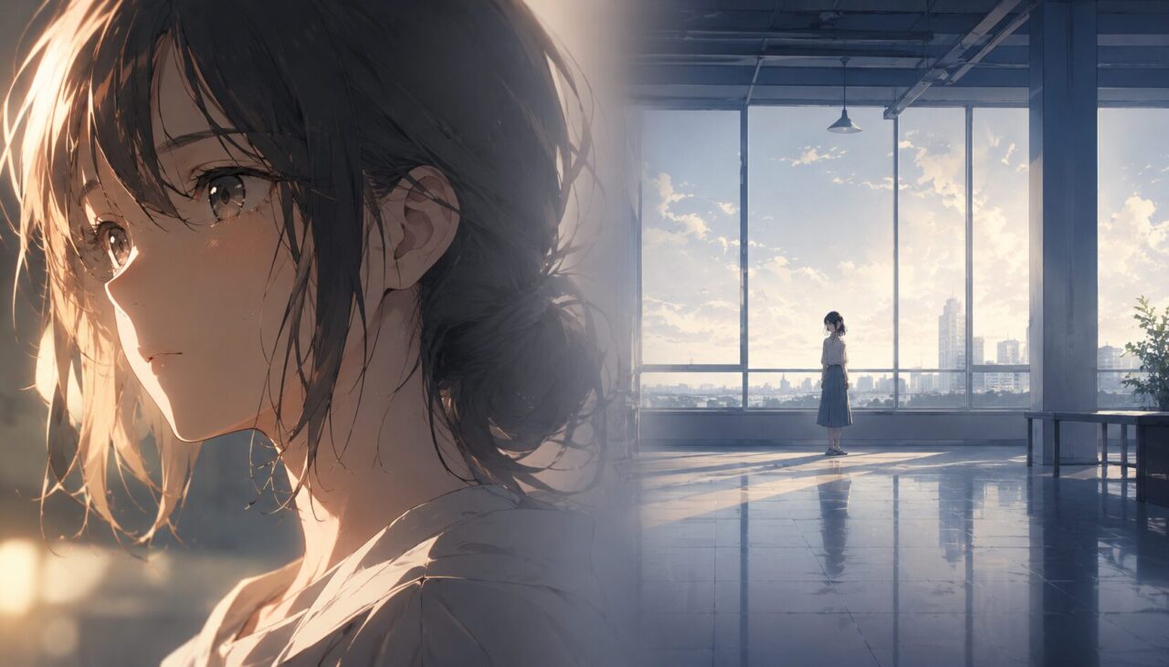 近い画角と遠い画角の対比によって、登場人物との心の距離を描くアニメ演出のイメージ