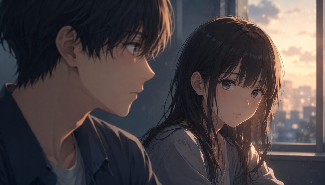 夕暮れの室内で視線を交わす二人の姿から感情の距離感を描いたアニメイメージ