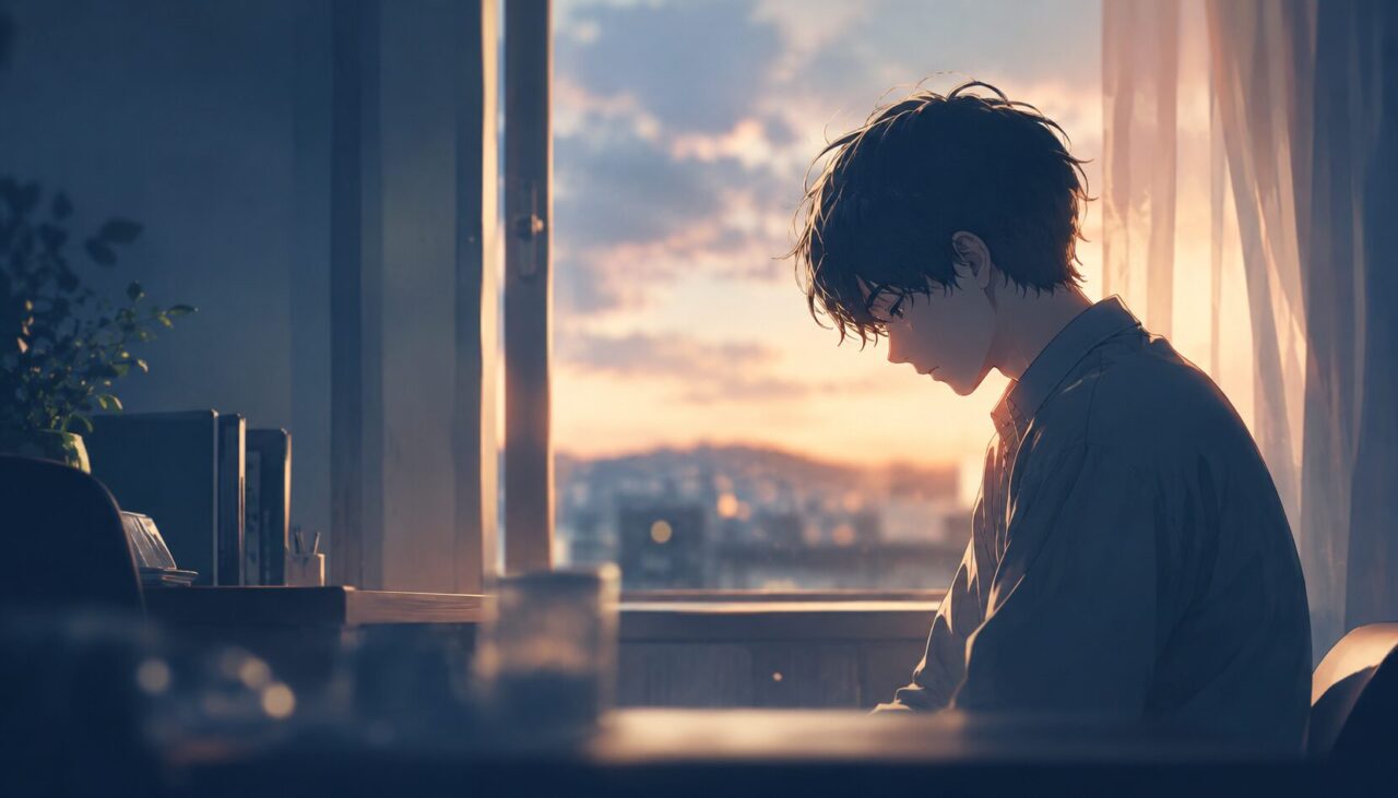 夕暮れの部屋で沈黙の中に感情を抱えるアニメキャラクターのイメージ