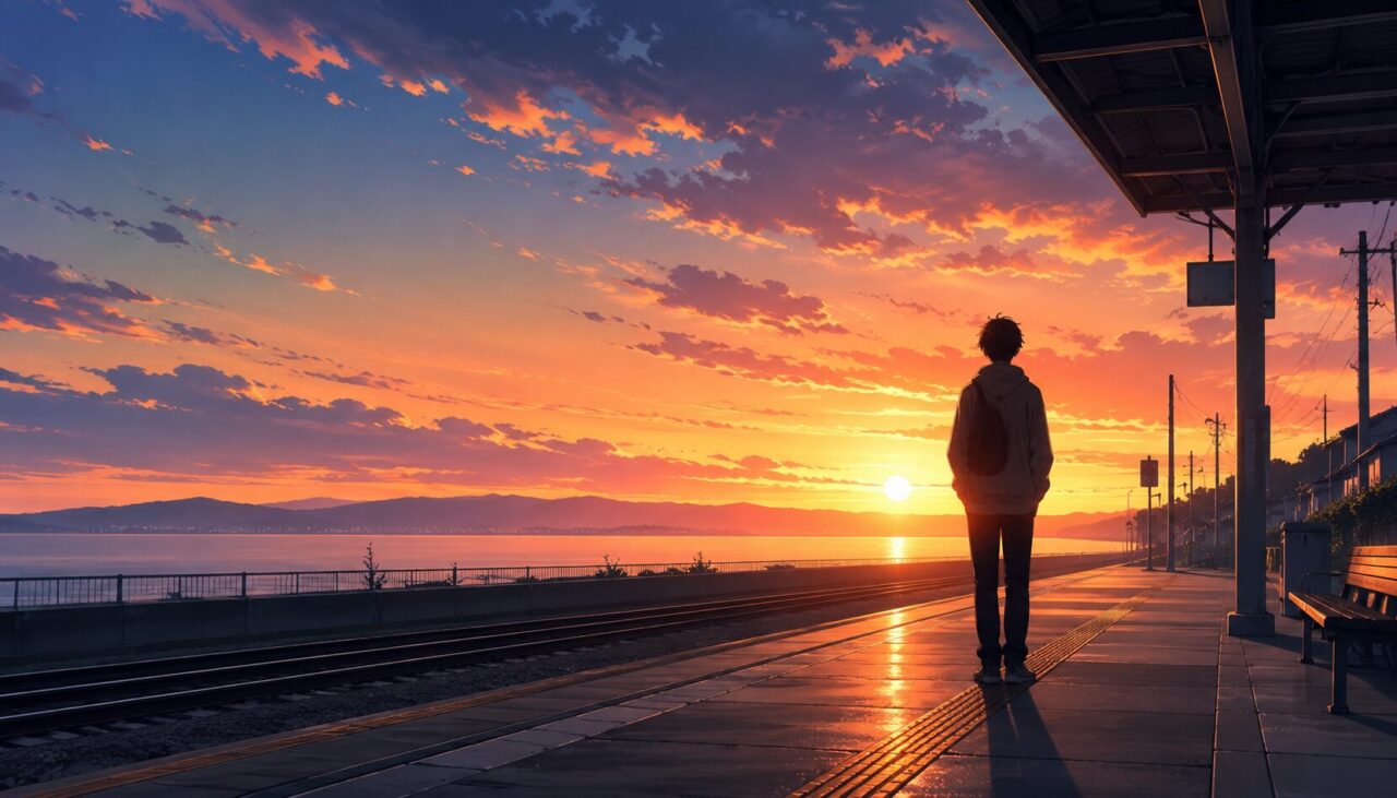 夕暮れの駅で一人たたずむ人物が、アニメを見終えたあとも続く余韻を表現したイメージ