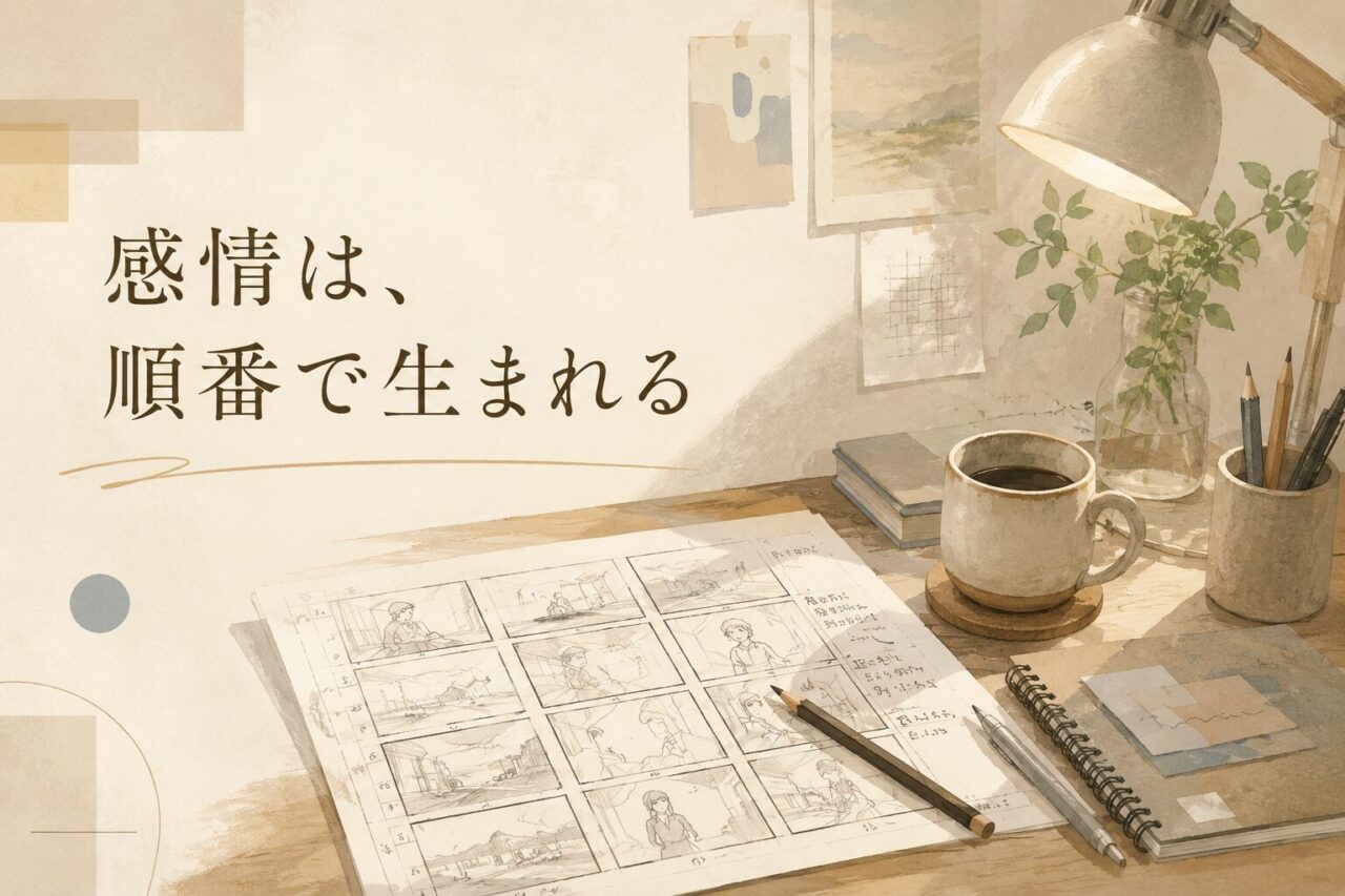 アニメの絵コンテによって感情の流れが設計される様子を表現したイメージ